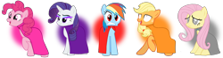 Size: 2802x738 | Tagged: safe, artist:pagiepoppie12345, imported from derpibooru, applejack, fluttershy, pinkie pie, rainbow dash, rarity, earth pony, pegasus, pony, unicorn, angry, applejack also dresses in style, bucktooth, burger, cloak, clothes, colored eyelashes, colors of raven, dc comics, eyelashes, eyeshadow, female, flower, food, frown, gray eyes, gritted teeth, hamburger, heart, horn, makeup, mane five, mare, missing accessory, multicolored hair, passionate, pinpoint eyes, purple eyelashes, rainbow dash always dresses in style, rainbow hair, raised hoof, raven (dc comics), sad, simple background, sitting, skull, smiling, teardrop, teen titans go, teeth, tomboy, transparent background