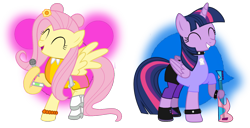 Size: 1648x842 | Tagged: safe, artist:pagiepoppie12345, imported from derpibooru, fluttershy, twilight sparkle, alicorn, pegasus, pony, ^^, ami onuki, boots, bracelet, clothes, collar, emoticon, eyes closed, female, flower, girly girl, guitar, hair bun, hi hi puffy ami yumi, holding, horn, jewelry, mare, microphone, musical instrument, noodle arms, pants, shirt, shoes, simple background, skirt, skull, smiling, spiked collar, spikes, spread wings, tomboy, transparent background, twilight sparkle (alicorn), wings, wristband, yumi yoshimura