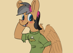 Size: 2957x2160 | Tagged: safe, artist:aliceg, imported from derpibooru, daring do, anthro, pegasus, pony, blushing, bucktooth, clothes, cosplay, costume, looking at you, shirt, simple background, smiling, solo, spiral notepad