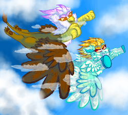 Size: 1900x1700 | Tagged: safe, artist:punkpride, imported from twibooru, gilda, lightning dust, griffon, pegasus, pony, alternate design, cloud, duo, duo female, female, flying, image, looking at each other, mare, png, sky background