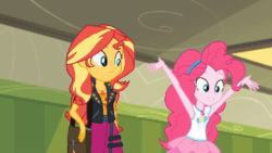 Size: 520x293 | Tagged: safe, imported from derpibooru, screencap, pinkie pie, sunset shimmer, human, equestria girls, equestria girls series, sock it to me, spoiler:eqg series (season 2), animated, cartoon physics, clothes, female, geode of empathy, geode of sugar bombs, hammerspace hair, lockers, magical geodes, pinkie being pinkie, pinkie physics, skirt, socks, vest