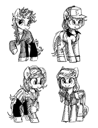 Size: 400x520 | Tagged: safe, artist:plunger, oc, oc only, earth pony, pegasus, pony, unicorn, clothes, female, females only, hat, mare, monochrome