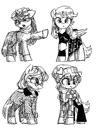 Size: 400x520 | Tagged: safe, artist:plunger, oc, oc only, earth pony, pegasus, pony, unicorn, clothes, female, females only, mare, monochrome
