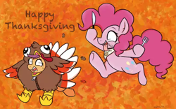 Size: 640x399 | Tagged: safe, artist:therainbowtroll, imported from derpibooru, pinkie pie, scootaloo, earth pony, pegasus, pony, bib, cute, cutealoo, diapinkes, fork, funny, holiday, hoof hold, implied ponies eating meat, knife, running, scootachicken, silly, thanksgiving, turkey costume, zipper