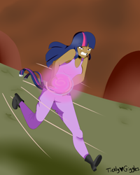 Size: 4000x5000 | Tagged: safe, artist:tickly-giggles, imported from derpibooru, twilight sparkle, human, twilight's kingdom, 2019, belt, boots, clothes, dark skin, denim, female, grass, gritted teeth, humanized, jeans, magic, pants, running, scene interpretation, shoes, solo, tanktop, teeth