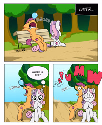 Size: 3000x3700 | Tagged: safe, artist:begoliah, imported from derpibooru, scootaloo, sweetie belle, pegasus, pony, unicorn, comic:crusaders, bench, comic, dialogue, female, onomatopoeia, open mouth, sleeping, snoring, snot bubble, sound effects