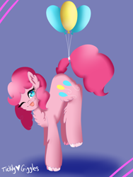 Size: 6000x8000 | Tagged: safe, artist:tickly-giggles, imported from derpibooru, pinkie pie, earth pony, pony, :p, balloon, chest fluff, cute, diapinkes, female, floating, mare, one eye closed, solo, then watch her balloons lift her up to the sky, tongue out, unshorn fetlocks, wink