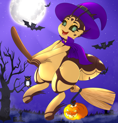Size: 4800x5000 | Tagged: safe, alternate version, artist:queenkittyok, artist:tatemil, imported from derpibooru, oc, oc only, oc:bee berry, bat, bee pony, bird, original species, owl, alternate character, broom, cape, clothes, commission, costume, flying, flying broomstick, halloween, halloween costume, hat, holiday, jack-o-lantern, moon, pumpkin, solo, tree, witch hat, ych result, your character here