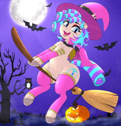 Size: 4800x5000 | Tagged: safe, artist:queenkittyok, imported from derpibooru, oc, oc only, bat, bird, owl, pony, broom, clothes, commission, costume, flying, flying broomstick, halloween, halloween costume, holiday, jack-o-lantern, moon, pumpkin, socks, solo, thigh highs, tree, ych result, your character here