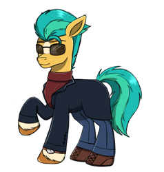Size: 2081x2187 | Tagged: safe, artist:dyonys, imported from derpibooru, hitch trailblazer, earth pony, pony, boots, clothes, coat, coat markings, denim, g5, glasses, jeans, male, pants, shoes, simple background, sketch, solo, stallion, sunglasses, turtleneck, watch, white background