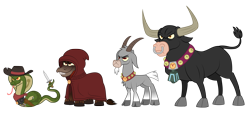 Size: 4000x1802 | Tagged: safe, artist:aleximusprime, imported from derpibooru, bray, oc, oc:bellow, oc:bleat, oc:dagger, bull, cobra, donkey, goat, snake, fanfic:my little sister is a dragon, flurry heart's story, bell, bells, belt, bovine, brotherhood of grogar, cloak, cloaked, clothes, cowboy hat, g1, g1 to g4, g4, generation leap, hat, hooded cape, horns, knife, oc villain, scarf, simple background, stetson, transparent background