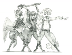 Size: 1400x1071 | Tagged: safe, artist:baron engel, imported from derpibooru, apple bloom, scootaloo, sweetie belle, anthro, clothes, cutie mark crusaders, gloves, grayscale, gun, monochrome, pencil drawing, pipe wrench, pirate, story in the source, story included, traditional art, trio, weapon, wrench