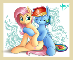 Size: 2730x2250 | Tagged: safe, artist:supermoix, imported from derpibooru, fluttershy, rainbow dash, pegasus, pony, cuddling, cute, duo, eyes closed, female, flutterdash, hug, hug from behind, lesbian, looking back, mare, shipping, simple background, smiling, wingless, wings