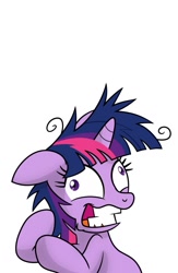 Size: 667x1024 | Tagged: safe, imported from derpibooru, twilight sparkle, pony, unicorn, lesson zero, season 2, derp, female, floppy ears, insanity, mare, messy mane, simple background, smiling, solo, twilight snapple, unicorn twilight, white background