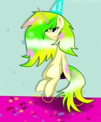 Size: 816x979 | Tagged: safe, artist:shawarmacat, imported from derpibooru, oc, oc only, oc:wooden toaster, alicorn, pony, alicornified, celebration, confetti, female, hat, horn, mare, party, party hat, race swap, sitting, stool, unamused, wings