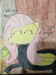 Size: 768x1024 | Tagged: safe, artist:animallover129, imported from derpibooru, fluttershy, pegasus, pony, blood, clothes, crying, dialogue, eyes closed, female, mare, offscreen character, papercut, papers please, pencil drawing, stamp, suit, tears of pain, text, traditional art