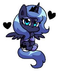 Size: 264x305 | Tagged: safe, artist:yorushikathebaka, imported from derpibooru, princess luna, alicorn, pony, blushing, clothes, crown, cute, female, filly, heart, horn, jewelry, lunabetes, mare, moon, pixel art, regalia, s1 luna, shoes, simple background, transparent background, wings, woona, younger