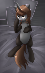 Size: 2000x3200 | Tagged: safe, artist:nihithebrony, imported from derpibooru, oc, oc only, oc:sonata, pony, unicorn, bed, bedroom, black socks, body pillow, body pillow design, clothes, dakimakura cover, elements of justice, featureless crotch, female, horn, lawyer, looking at you, lying down, lying on bed, mare, on back, on bed, purple background, simple background, socks, solo, turnabout storm