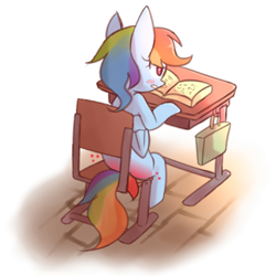 Size: 800x800 | Tagged: artist needed, safe, imported from derpibooru, rainbow dash, pegasus, pony, bag, blushing, book, desk, punishment, rear view, reddened butt, school desk, simple background, sitting, solo, spank mark, spanked, white background