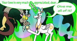 Size: 598x321 | Tagged: safe, artist:gegenschein17, edit, imported from derpibooru, discord, princess celestia, queen chrysalis, alicorn, draconequus, pony, clothes, cropped, crown, derp, dialogue, disguise, disguised changeling, evil, fake celestia, fangs, female, fire, horn, jewelry, magic, male, mare, regalia, shoes, smiling, sparkles, speech bubble, text, wings