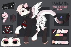 Size: 4500x3000 | Tagged: safe, artist:etoz, imported from derpibooru, oc, oc only, oc:tamlane, original species, pegasus, pony, clothed sex, clothes, collar, eyebrows, fangs, forked tongue, horns, long tail, long tongue, male, nudity, pegasus oc, piercing, reference sheet, sheath, skinny, stallion, tail, tall, text, tongue out, wings