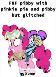 Size: 411x560 | Tagged: safe, artist:jakeneutron, edit, imported from derpibooru, pinkie pie, earth pony, pony, bad end, bag, bandage, clothes, corrupted, dusk till dawn, error, female, glitch, goggles, hair bun, mare, pibby, saddle bag, scared, scarf, simple background, smiling, socks, text, white background