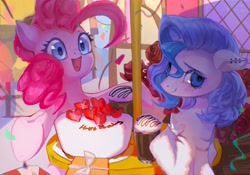 Size: 2388x1668 | Tagged: safe, artist:tingsan, imported from derpibooru, pinkie pie, oc, oc:ray frok, earth pony, pony, birthday, birthday cake, cake, duo, ear piercing, female, food, mare, open mouth, open smile, piercing, smiling