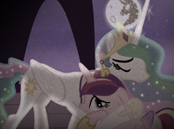 Size: 965x719 | Tagged: safe, artist:hate-love12, imported from derpibooru, princess cadance, princess celestia, pony, base used, mare in the moon, moon, younger