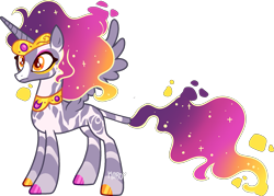 Size: 1987x1424 | Tagged: safe, artist:kurosawakuro, imported from derpibooru, oc, alicorn, hybrid, pony, zebra, zebra alicorn, alicorn oc, base used, colored hooves, crown, ethereal hair, ethereal mane, ethereal tail, eyeshadow, female, gradient hair, gradient mane, gradient tail, hoof polish, horn, jewelry, makeup, mare, necklace, orange eyes, parent:prince abraxas, parent:princess argent, parent:princess luna, regalia, simple background, solo, spread wings, standing, starry hair, starry mane, starry tail, tail, transparent background, wings