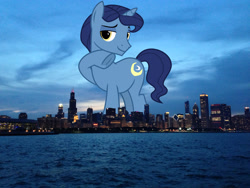 Size: 3072x2304 | Tagged: safe, artist:cheezedoodle96, edit, editor:jaredking779, imported from derpibooru, night light, pony, unicorn, chicago, frog (hoof), giant pony, giant unicorn, high res, highrise ponies, illinois, irl, looking at you, macro, male, mega giant, photo, ponies in real life, raised hoof, smiling, solo, stallion, story included, underhoof