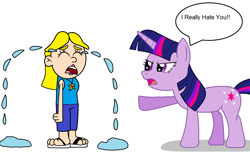 Size: 1540x964 | Tagged: safe, artist:adrianmacha20005, imported from derpibooru, twilight sparkle, human, pony, unicorn, abuse, angry, crying, hate, hate art, princess rosalina, rose (sml), simple background, sml, speech bubble, super mario bros., supermariologan, tears of sadness, unicorn twilight, white background