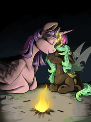 Size: 967x1300 | Tagged: safe, artist:smirk, imported from derpibooru, queen chrysalis, twilight sparkle, alicorn, changeling, campfire, duo, eyes closed, fanfic art, female, filly, fire, floppy ears, foal, magic, nuzzling, sparkles, twilight sparkle (alicorn)