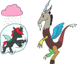 Size: 1723x1420 | Tagged: safe, artist:emc-blingds, imported from derpibooru, discord, oc, oc:crypto, changeling, draconequus, pony, bubble, changeling oc, duo, green changeling, simple background, transparent background