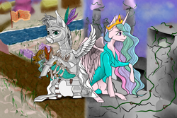 Size: 7257x4838 | Tagged: safe, imported from derpibooru, daybreaker, princess celestia, oc, oc:light knight, alicorn, pegasus, armor, canterlot, fire, flag, flower, gross, knight, plushie, ponyville, rose, water