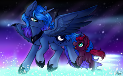 Size: 2560x1600 | Tagged: safe, artist:julunis14, imported from derpibooru, princess luna, tempest shadow, alicorn, pony, unicorn, broken horn, claws, eye scar, female, filly, hoof shoes, horn, mare, open mouth, peytral, scar, spread wings, wing claws, wings