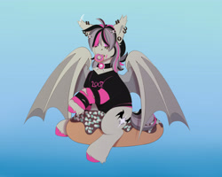 Size: 5315x4252 | Tagged: safe, artist:creed larsen, imported from derpibooru, oc, oc:gravel shine, bat pony, chubby, clothes, commission, donut, fangs, food, piercing, simple background, sketch, solo, stockings, thigh highs, wings