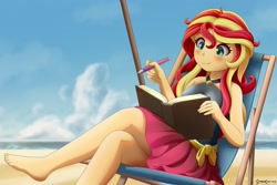 Size: 3000x2000 | Tagged: safe, artist:symbianl, imported from derpibooru, sunset shimmer, human, equestria girls, barefoot, beach, beach chair, book, chair, clothes, crossed legs, feet, nail polish, pen, reclining, sarong, sitting, solo, sunset shimmer's beach shorts swimsuit, sunset's journal, toenail polish