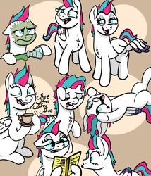 Size: 2548x2976 | Tagged: safe, artist:doodledonutart, imported from derpibooru, zipp storm, pegasus, pony, beaker, coffee, coffee cup, cup, doodle, experiment, explosion, faic, female, g5, glasses, happy, mare, reading, simple background, tired, wing gesture, wing wave, wings