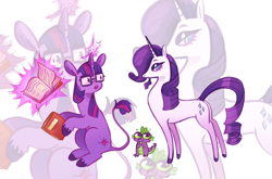 Size: 2048x1351 | Tagged: safe, artist:pink lemonade, imported from derpibooru, rarity, spike, twilight sparkle, classical unicorn, dragon, pony, unicorn, book, cloven hooves, colored hooves, eyeshadow, female, glasses, hoof hold, infatuation, leonine tail, levitation, lidded eyes, looking up, magic, makeup, male, mare, open mouth, sitting, tail, telekinesis, trio, unshorn fetlocks, zoom layer