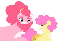 Size: 1280x854 | Tagged: safe, artist:itstechtock, imported from derpibooru, li'l cheese, pinkie pie, earth pony, pony, beard, facial hair, female, mother and child, simple background, white background
