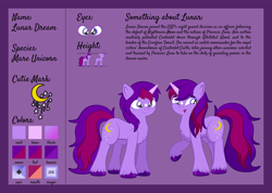 Size: 1920x1367 | Tagged: safe, artist:alexdti, imported from derpibooru, oc, oc only, oc:lunar dream, pony, unicorn, chest fluff, female, full body, hooves, horn, mare, open mouth, open smile, reference sheet, smiling, solo, standing, tail, two toned mane, two toned tail, unicorn oc, unshorn fetlocks