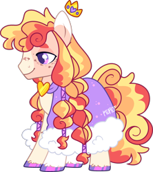 Size: 2374x2668 | Tagged: safe, artist:kurosawakuro, imported from derpibooru, oc, earth pony, pony, base used, blaze (coat marking), braid, cape, clothes, coat markings, colored hooves, crown, earth pony oc, facial markings, freckles, hoof polish, jewelry, magical lesbian spawn, male, offspring, parent:applejack, parent:princess cadance, purple eyes, regalia, simple background, solo, stallion, standing, transparent background