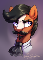 Size: 2000x2760 | Tagged: safe, artist:jedayskayvoker, imported from derpibooru, oc, oc:gauch gustmane, earth pony, blaze (coat marking), bust, clothes, coat markings, colored, colored sketch, earth pony oc, eyebrows, facial markings, full color, gradient background, icon, male, portrait, serious, serious face, sketch, solo, stallion