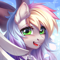 Size: 2000x2000 | Tagged: safe, artist:fenwaru, imported from derpibooru, oc, oc only, oc:blazey sketch, pegasus, pony, blushing, bow, clothes, commission, ear fluff, female, green eyes, hair bow, icon, long hair, looking at you, mare, multicolored hair, open mouth, small wings, smiling, smiling at you, solo, sweater, wings
