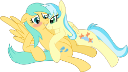 Size: 4526x2556 | Tagged: safe, artist:enigmaticfrustration, artist:thatusualguy06, imported from derpibooru, misty fly, sunshower raindrops, pegasus, pony, .svg available, blushing, duo, eye clipping through hair, female, gritted teeth, high res, lesbian, lying down, mare, mistydrops, prone, shipping, simple background, svg, teeth, transparent background, vector, wings