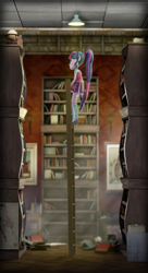 Size: 2090x3840 | Tagged: safe, artist:egr1n, imported from derpibooru, twilight sparkle, human, pony, equestria girls, 3d, blurry background, book, bookshelf, clothes, costume, file cabinet, glasses, globe, ladder, lamp, long hair, outfit, painting, paper, phone wallpaper, picture, purple eyes, shoes, skirt, socks, source filmmaker, stockings, suit, table, thigh highs, vertical, wallpaper