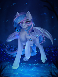 Size: 1500x2000 | Tagged: safe, artist:alicesmitt31, imported from derpibooru, oc, oc only, oc:starburn, butterfly, pegasus, pony, ear fluff, female, jewelry, mare, necklace, raised hoof, solo, spread wings, water, wings
