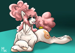 Size: 4961x3508 | Tagged: safe, artist:mekblue, imported from derpibooru, oc, oc:petra kastamonika, earth pony, butt freckles, candy, earth pony oc, female, fluffy mane, food, freckles, lollipop, looking at you, mare, muscular mare, seductive look, seductive pose, simple background, solo, strong, tongue out