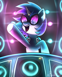 Size: 2000x2500 | Tagged: safe, artist:harukiicat, imported from derpibooru, dj pon-3, vinyl scratch, pony, unicorn, female, headphones, horn, lights, mare, open mouth, party, raised hoof, shading, signature, smiling, solo, speaker, sunglasses