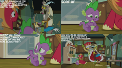 Size: 4400x2475 | Tagged: safe, edit, edited screencap, editor:quoterific, imported from derpibooru, screencap, big macintosh, discord, spike, draconequus, dragon, earth pony, season 8, the break up breakdown, spoiler:s08, angry, archery, arrow, bow (weapon), bow and arrow, clothes, crown, discord being discord, discord is not amused, food, grin, jewelry, king, male, open mouth, pie, regalia, robe, sitting, smiling, staff, stallion, text edit, trio, trio male, unamused, unshorn fetlocks, weapon